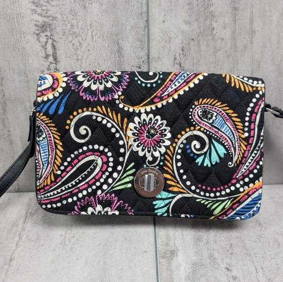 Vera Bradley Turnlock Bandana Swirl Black Paisley Multicolor Petite Crossbody - Picture 2 of 12